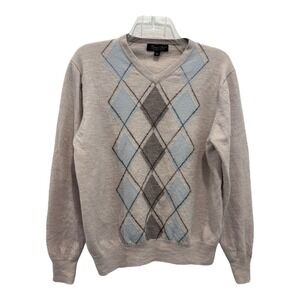 Garrett Scott Sweater Extra Fine Merino‎ Wool Argyle Pullover Mens Large Vneck